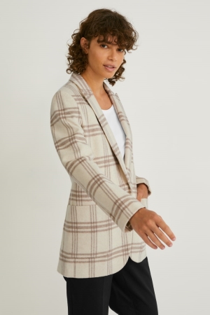 Blazers C&A Lã Blend Check Feminino Bege | 08962PABN