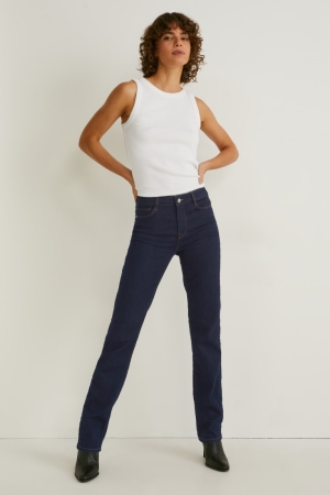 Calça Jeans C&A Em Linha Reta Medio-rise Cintura Lycra® Feminino Azuis Azuis Escuro | 19304NJED