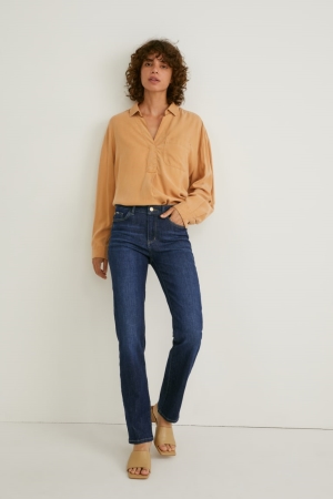 Calça Jeans C&A Em Linha Reta Medio-rise Cintura Feminino Azuis Azuis Escuro | 24195ZWYO