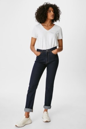 Calça Jeans C&A Em Linha Reta Super High Cintura Recycled Feminino Azuis Azuis Escuro | 12308XUWF