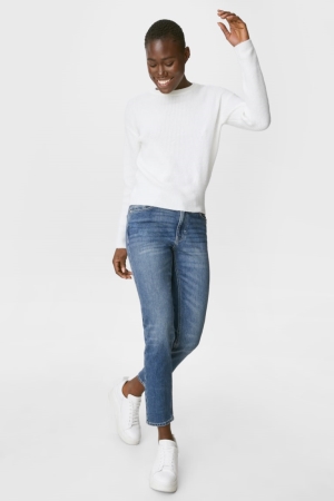 Calça Jeans C&A Em Linha Reta Tapered Organic Algodão Feminino Azuis | 08751ZMEJ