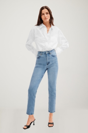 Calça Jeans C&A Made In Eu Em Linha Reta High Cintura Organic Algodão Feminino Azuis Luz Azuis | 96417ONZE