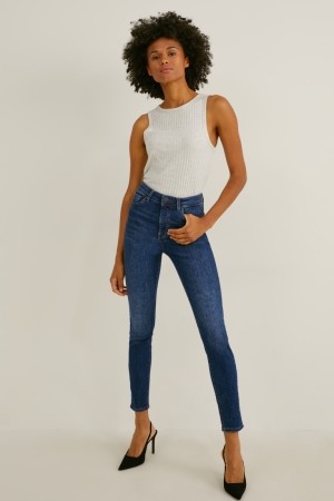 Calça Jeans C&A Magro High Cintura Lycra® Feminino Azuis | 70649WZPN