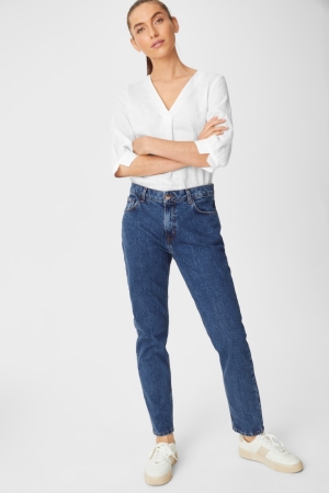 Calça Jeans C&A Premium Em Linha Reta Tapered Feminino Azuis | 58764GADK