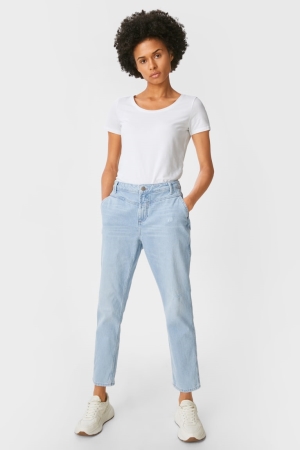 Calça Jeans C&A Premium Em Linha Reta Tapered Feminino Azuis Luz Azuis | 93685GCON