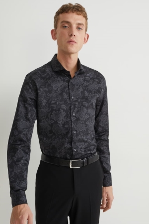 Camisas C&A Business Slim Fit Cutaway Collar Easy-iron Patterned Masculino Pretas | 51704YZRD