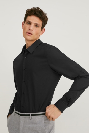 Camisas C&A Business Slim Fit Extra-long Sleeve s Easy-iron Masculino Pretas | 75649FXOB