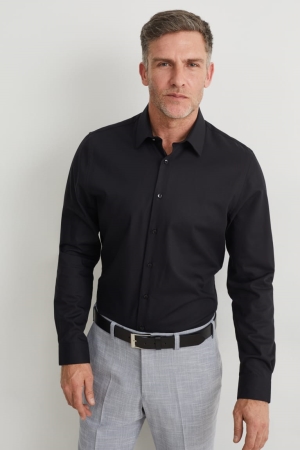 Camisas C&A Business Slim Fit Kent Collar Easy-iron Masculino Pretas | 04792OAVX