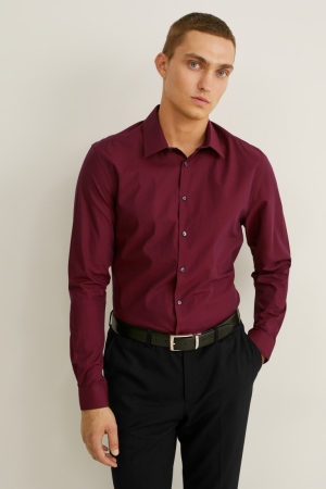 Camisas C&A Business Slim Fit Kent Collar Easy-iron Masculino Bordeaux | 37250QYTZ