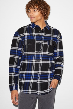 Camisas C&A Clockhouse Flannel Relaxed Fit Kent Collar Check Masculino Azuis Pretas | 21853NVDA