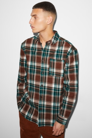 Camisas C&A Clockhouse Flannel Relaxed Fit Kent Collar Check Masculino Marrom Verdes Escuro | 26094XFSI