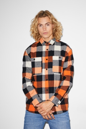 Camisas C&A Clockhouse Relaxed Fit Kent Collar Check Masculino Laranja Azuis Escuro | 71284DRVX