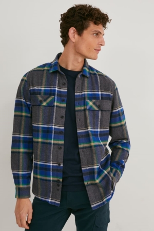 Camisas C&A Flannel Regular Fit Kent Collar Check Masculino Cinzentas | 02871HVFT