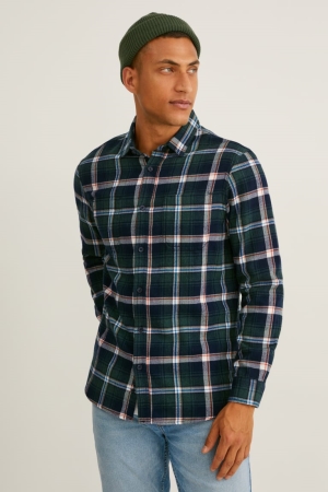 Camisas C&A Flannel Regular Fit Kent Collar Check Masculino Verdes Escuro Branco | 03182RPLH