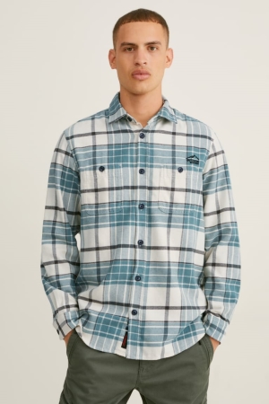 Camisas C&A Flannel Regular Fit Kent Collar Check Masculino Verdes Branco | 05721YDJN