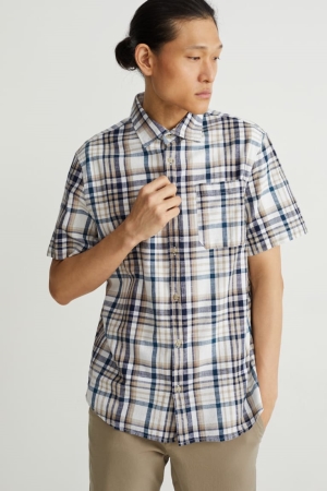 Camisas C&A Regular Fit Kent Collar Check Masculino Luz Bege | 17625NMHA