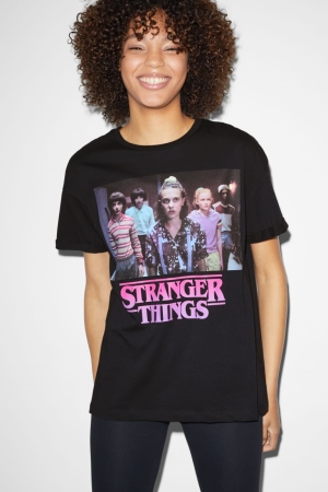 Camiseta C&A ClockhouseStranger Things Feminino Pretas | 32106FICG