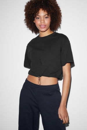 Camiseta C&A Clockhouse Cropped Feminino Pretas | 20846QTSV