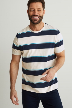 Camiseta C&A Listrado Masculino Luz Bege | 63702SIPX