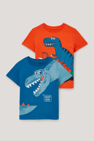 Camiseta C&A Multipack Of 2 Dinosaur Sleeve Menino Laranja Azuis | 62340IAGH