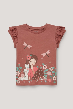 Camiseta C&A Sleeve With In-conversion Algodão Menina Marrom | 17358VKBW