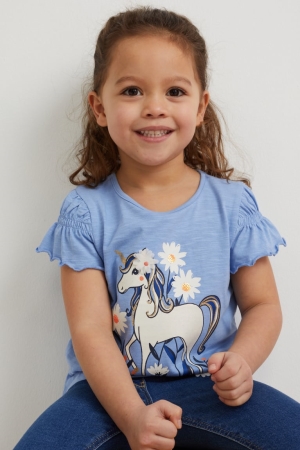 Camiseta C&A Unicorn Sleeve Menina Azuis | 41026CIGP