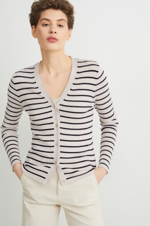 Cardigan C&A Basic With Lenzing™ Ecovero™ Listrado Feminino Bege | 01358RPXD