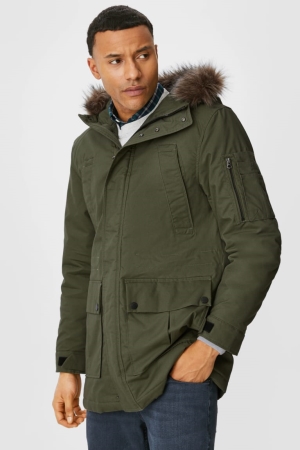 Casaco C&A Parka With Hood And Faux Fur Trim Recycled Masculino Verdes Escuro | 12896ETZK