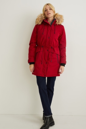 Casacos C&A Parka With Hood And Faux Fur Trim Inverno Feminino Vermelhas | 19562DRYO