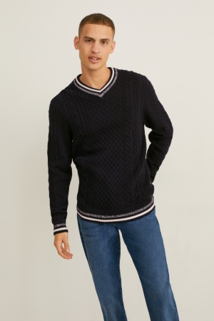 Jumpers C&A Cable Knit Pattern Masculino Azuis Escuro | 06231BGSX