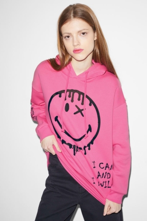 Moletom Com Capuz C&A Clockhouse Smileyworld® Feminino Rosa | 24569JUVH