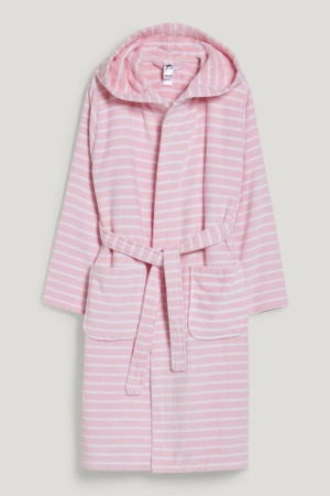 Roupa De Banho C&A Terry Bathrobe With Hood Organic Algodão Listrado Menina Rosa | 53068BXSG