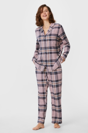 Roupa De Dormir C&A Flannel Pyjamas Check Feminino Rosa Escuro | 69247KENT