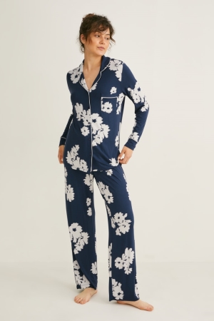 Roupa De Dormir C&A Pyjamas Floral Feminino Azuis Escuro | 01428KLVX