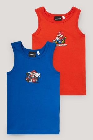 Roupa Interior C&A Multipack Of 2 Super Mario Vest Organic Algodão Menino Vermelhas Azuis Escuro | 74582LIQV