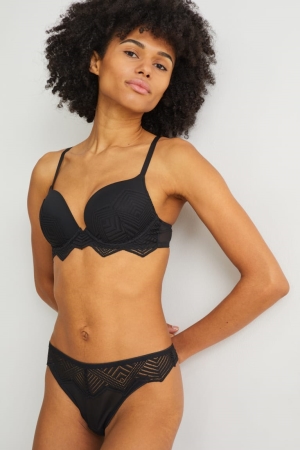 Roupa Interior C&A Underwire Bra Plunge Push-up Feminino Pretas | 51890TKZW