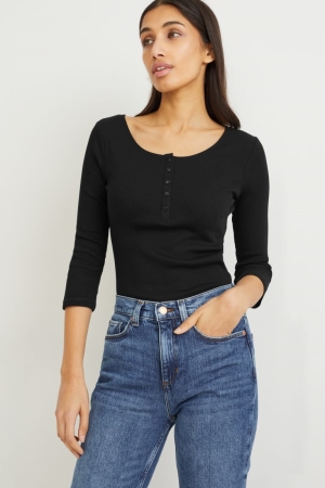 Tops C&A Basic Long Sleeve Feminino Pretas | 94157WSNH