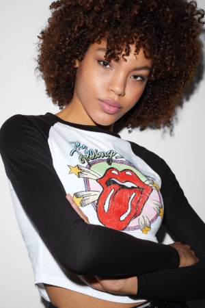 Tops C&A Clockhouse Cropped Long Sleeve Rolling Stones Feminino Branco | 20837FYXR