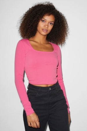 Tops C&A Clockhouse Cropped Long Sleeve Feminino Rosa | 85432PQSX