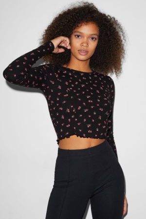 Tops C&A Clockhouse Cropped Long Sleeve Floral Feminino Pretas | 98375PCUZ