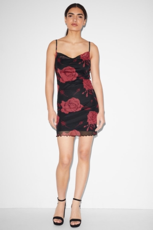 Vestidos C&A Clockhouse Bodycon Floral Feminino Pretas | 02198NYZF