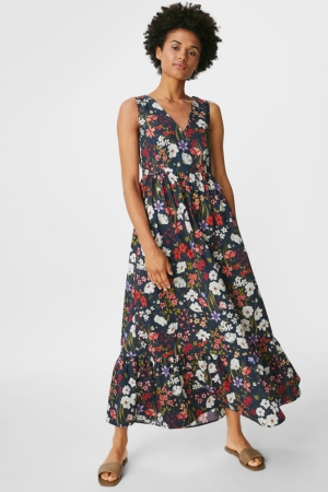 Vestidos C&A Fit & Flare Floral Feminino Azuis Escuro | 58724GOCW