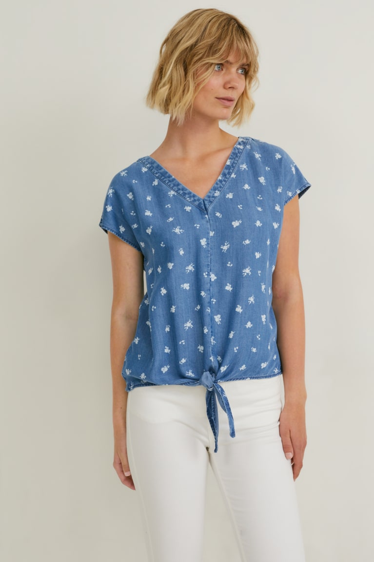 Blusas C&A With Knot Detail Tencel™ Floral Feminino Azuis | 93018HQWO