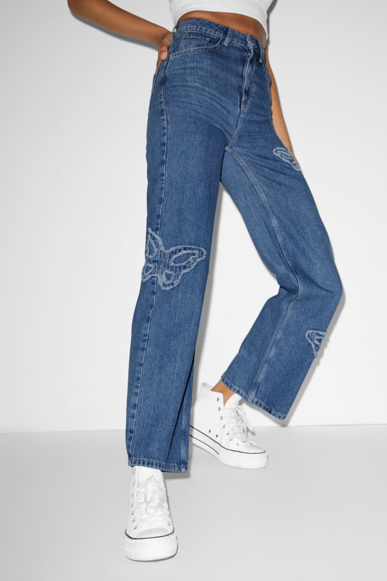 Calça Jeans C&A Clockhouse Em Linha Reta High Cintura Feminino Azuis | 50237HFOD