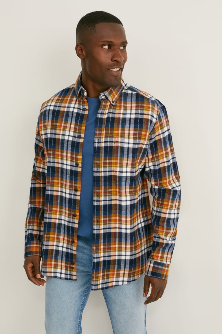 Camisas C&A Flannel Regular Fit Button-down Collar Check Masculino Laranja Azuis Escuro | 78430KIAP