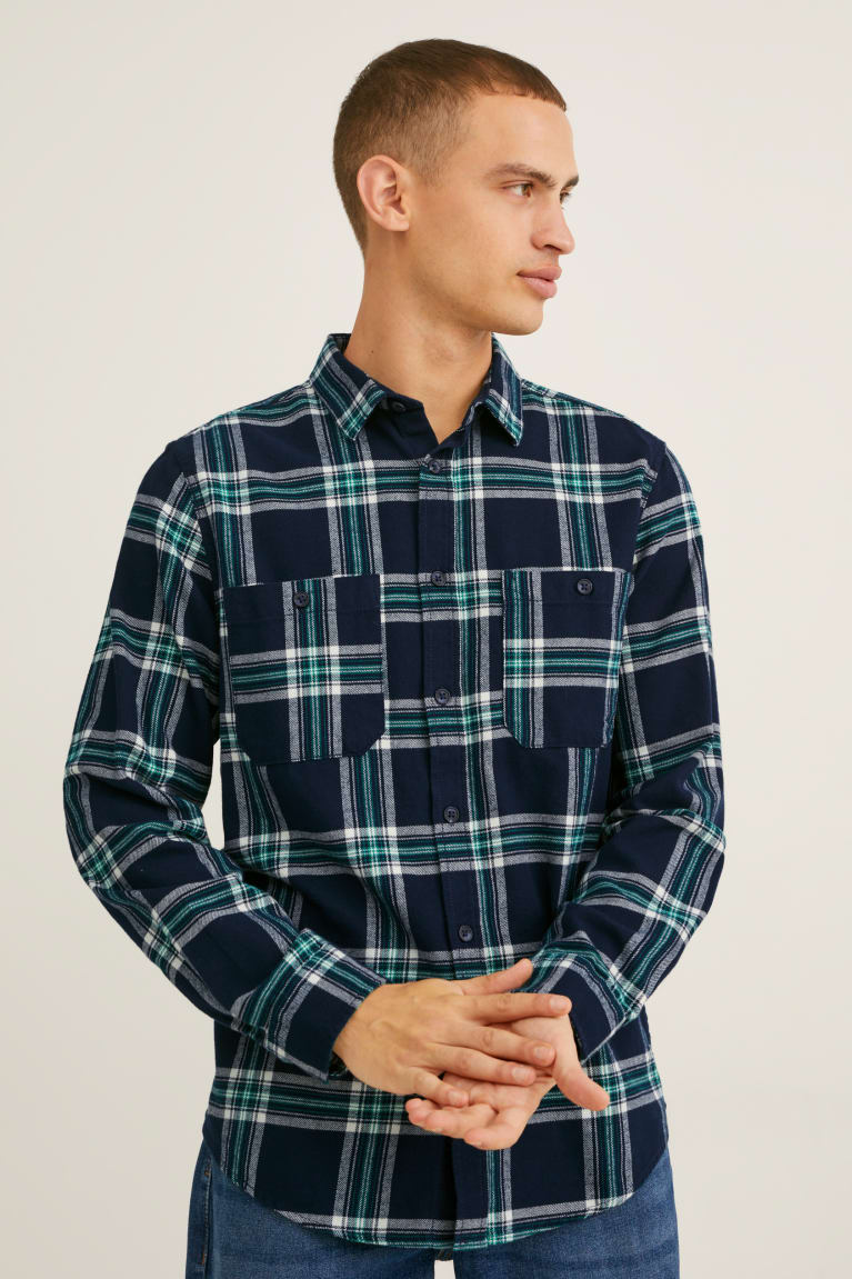 Camisas C&A Flannel Regular Fit Kent Collar Check Masculino Azuis Escuro Cinzentas | 46509BHDT