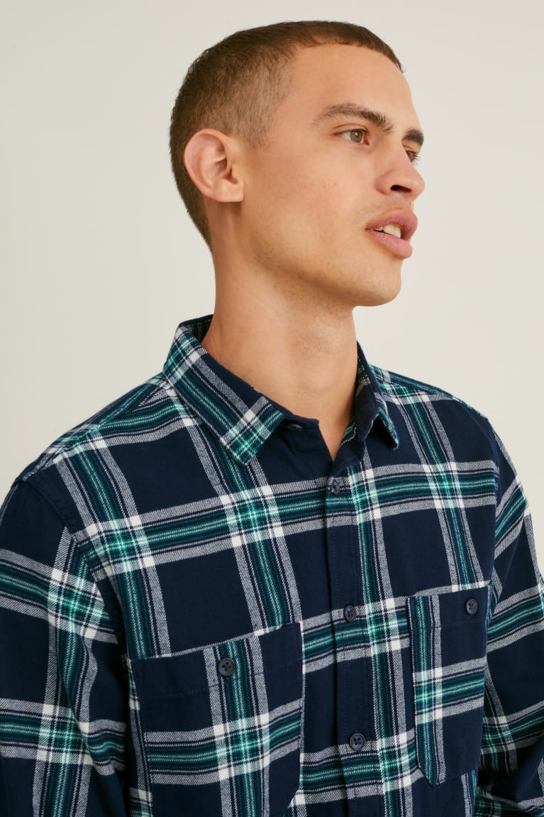 Camisas C&A Flannel Regular Fit Kent Collar Check Masculino Azuis Escuro Cinzentas | 46509BHDT