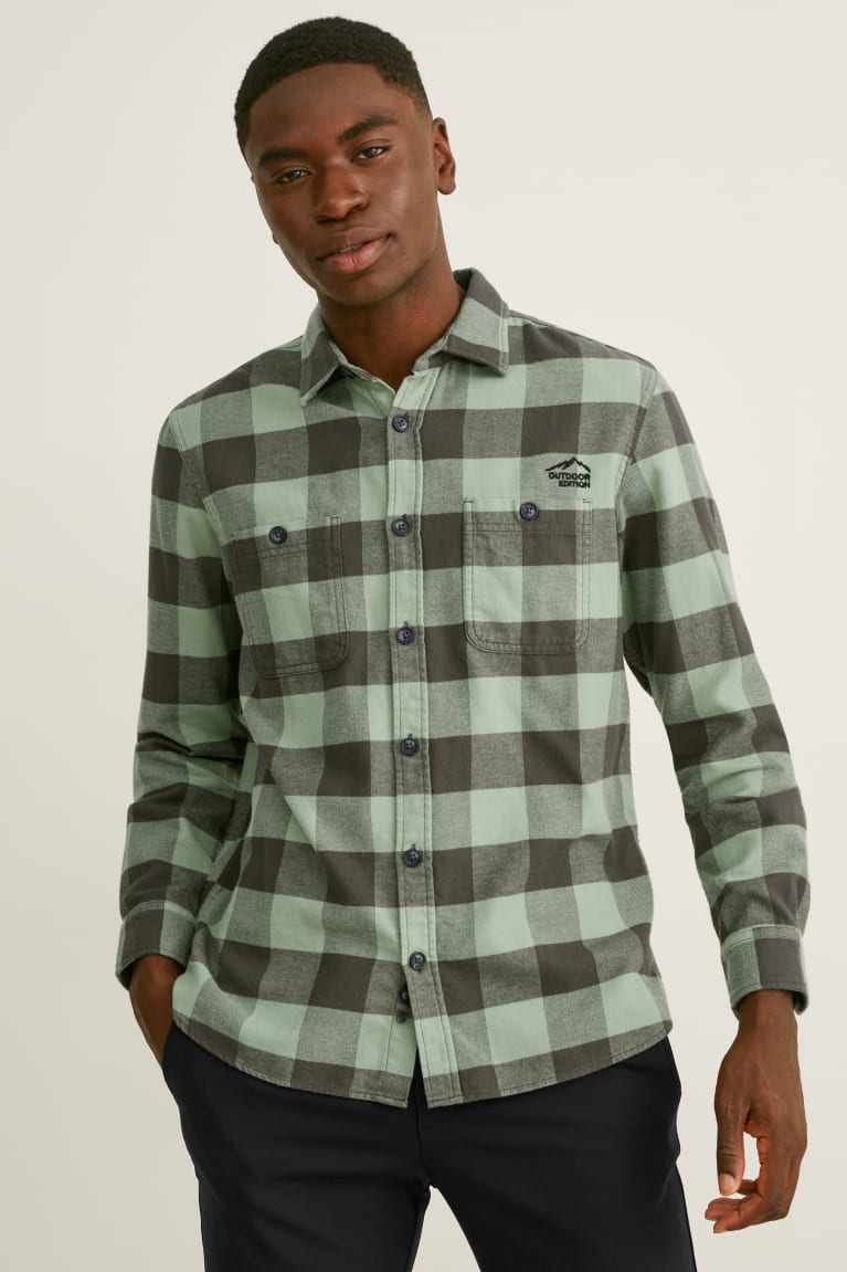 Camisas C&A Flannel Regular Fit Kent Collar Check Masculino Verdes Escuro Pretas | 80136FKJA