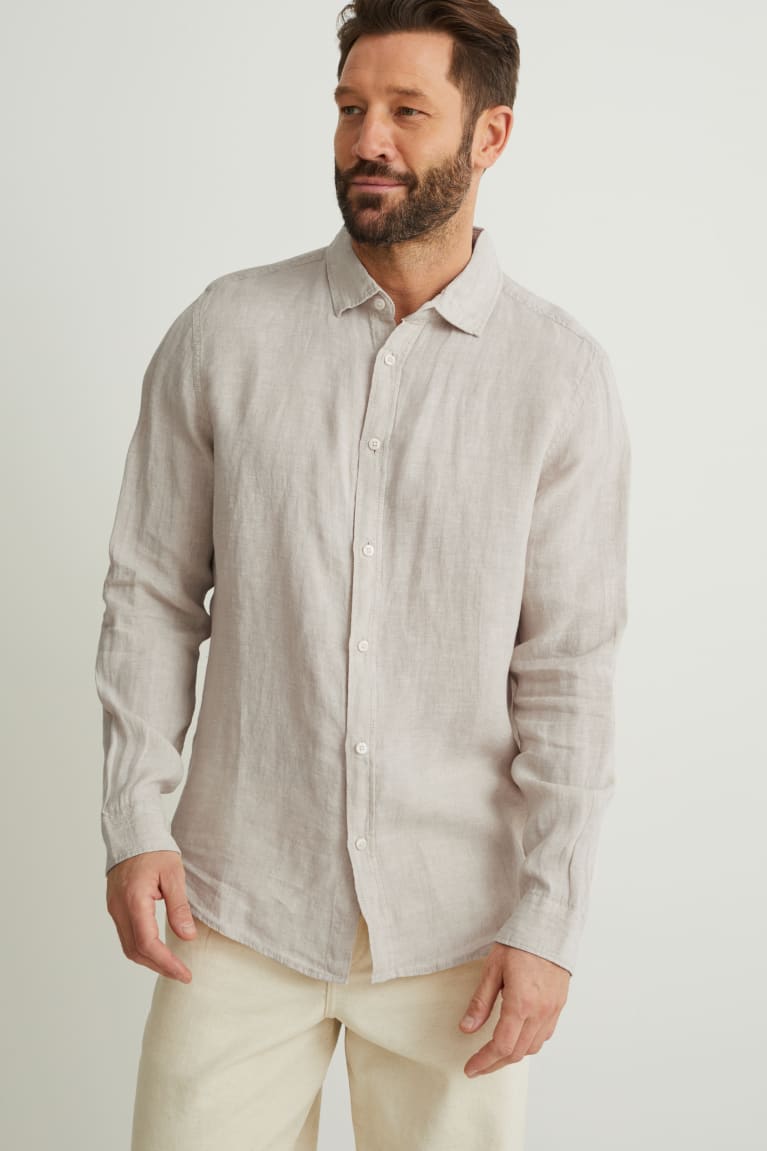 Camisas C&A Linen Regular Fit Kent Collar Linen Made From European Flax® Masculino Bege | 96347JUMG