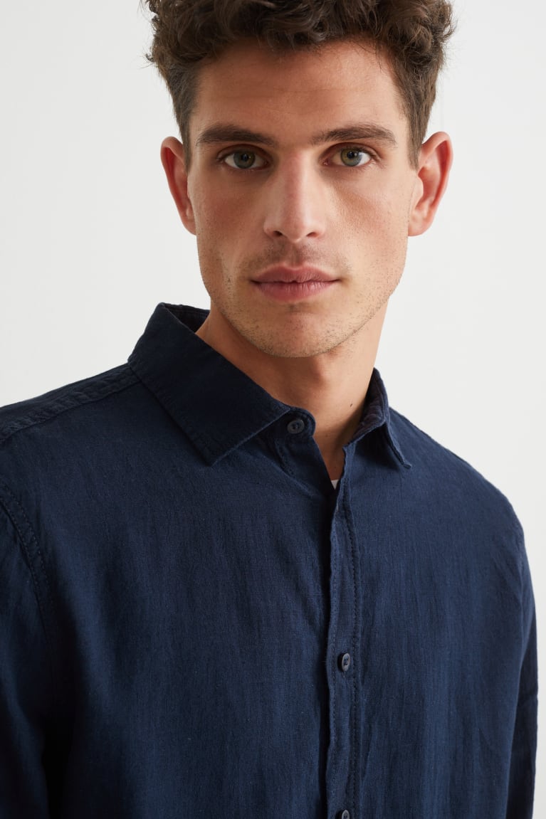 Camisas C&A Regular Fit Kent Collar With Linen Made From European Flax® Masculino Azuis Escuro | 20479LQKB